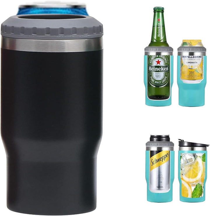 Lisslune | 4 in 1 stainless steel can/bottle insulator, 14Oz two-way lid SUS insulated can cooler, beer bottle holder (Black)