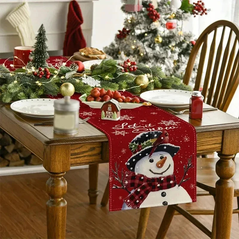 Lisslune | Linen Christmas Table Runner Snowman Christmas Tree Home Dining Table Cloth Tablecloth 2023 Christmas Noel Christmas Decorations 2024