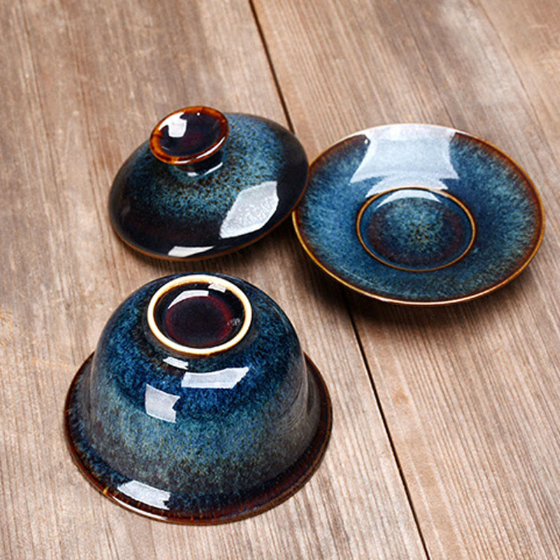 Lisslune | Vintage Kiln Ceramic Gaiwan Sancai Tea Cup Tea Cup and Saucer with Lid