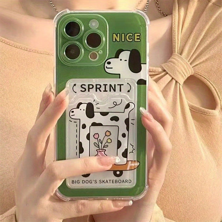 Lisslune | Stoßfester Kartenhalter Telefonhülle | Grünes Skateboard-Beflecktes Hundecartoon-Design mit Fotoschlitzen | Kompatibel mit iPhone 16, 16 Pro, 16 Pro Max, 15 Pro, 15 Pro Max, 14, 14 Pro Max, 13, 12, 11, XS Max, XR, 7, 8, SE, 12,