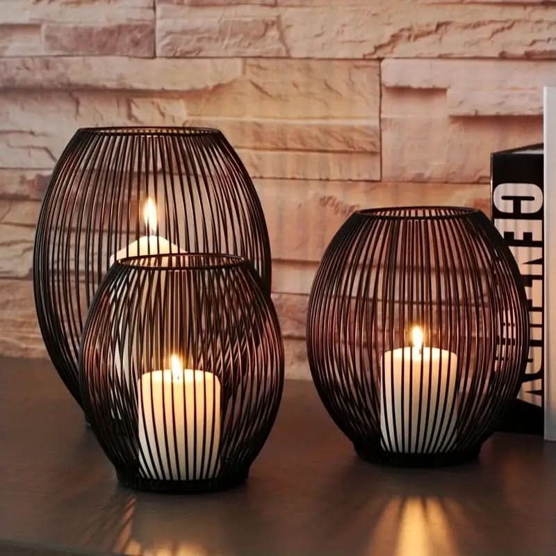 Lisslune | Set of 3 Vintage Black Metal Lantern Candelabras