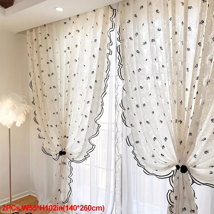Rynx | Elegant French Romantic Rose Embroidered Curtains - 2 Piece Set, Beige & Cream Ruffle Design for Living Room and Bedroom, Light Filtering Rod Pocket Curtains