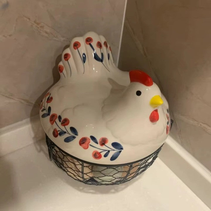 Lisslune | Ceramic Egg Holder Chicken with Wire Basket