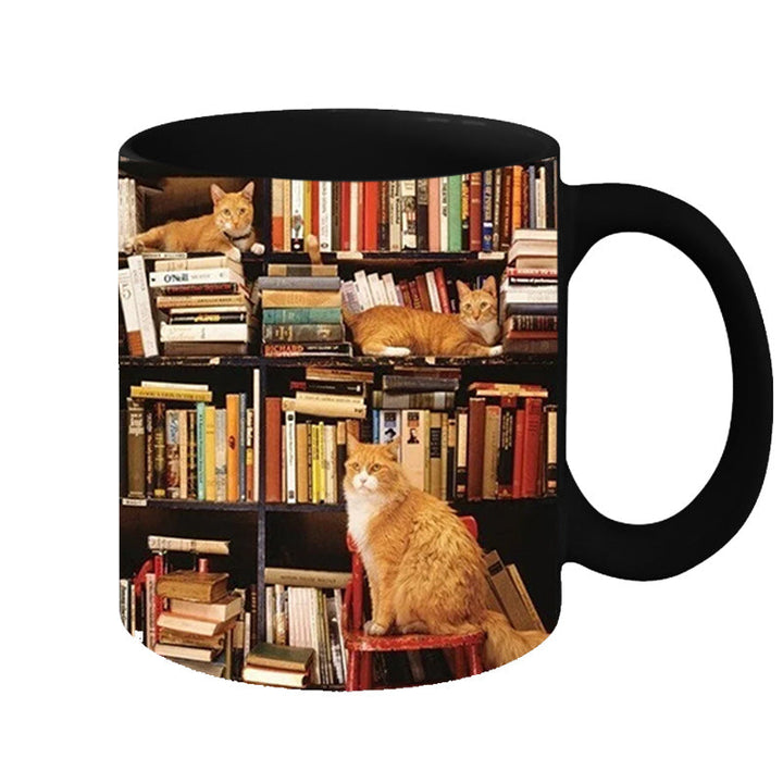 Lisslune | Bookshelf Ceramic Coffee Mug - Gift for Cat Book Lovers