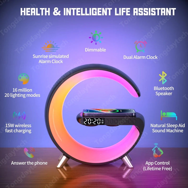 Lisslune | Multifunctional wireless charger alarm clock speaker APP control RGB night light charging station for iPhone 11 12 13 14 Samsung