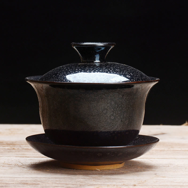 Lisslune | Vintage Kiln Ceramic Gaiwan Sancai Tea Cup Tea Cup and Saucer with Lid