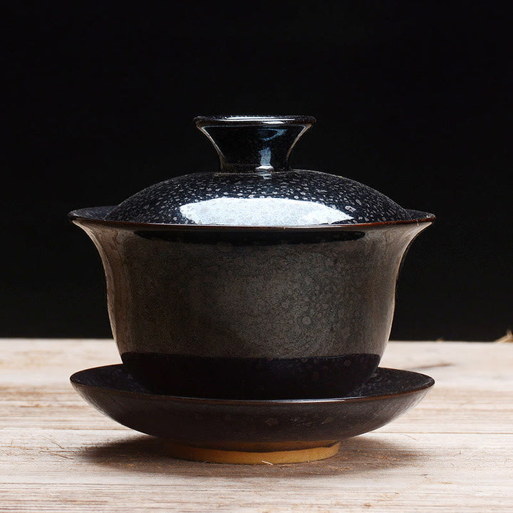 Lisslune | Vintage Kiln Ceramic Gaiwan Sancai Tea Cup Tea Cup and Saucer with Lid