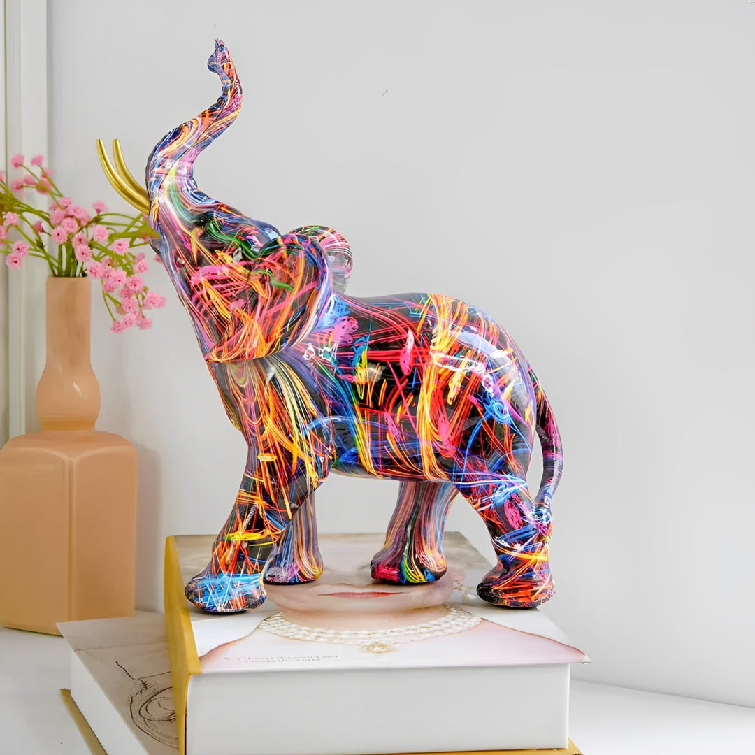 Lisslune | Abstract Elephant Statue – Colourful African Design with Raised Trunk for Good Luck
