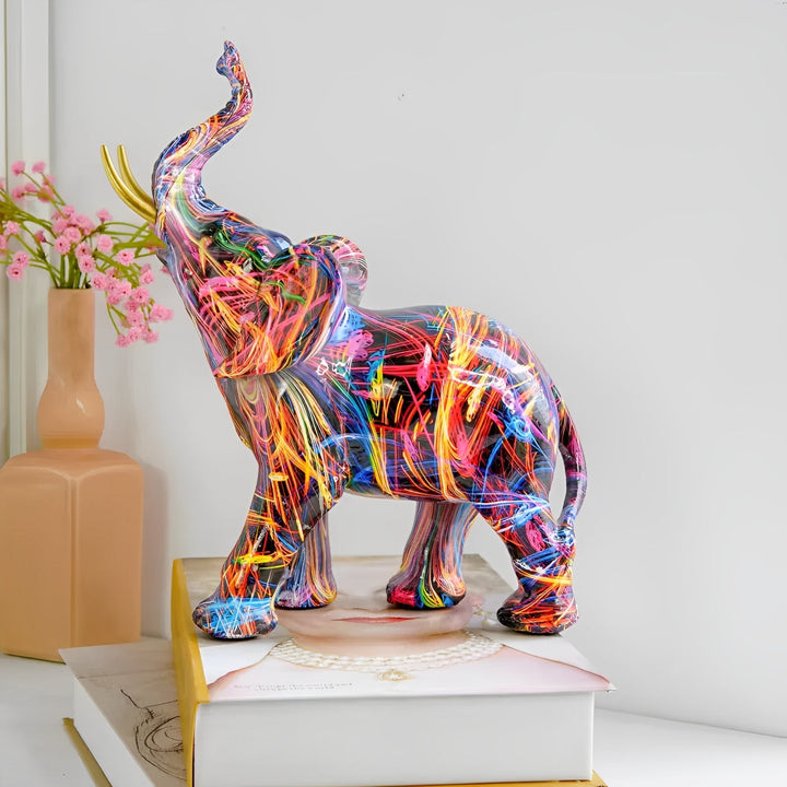Lisslune | Abstract Elephant Statue – Colourful African Design with Raised Trunk for Good Luck