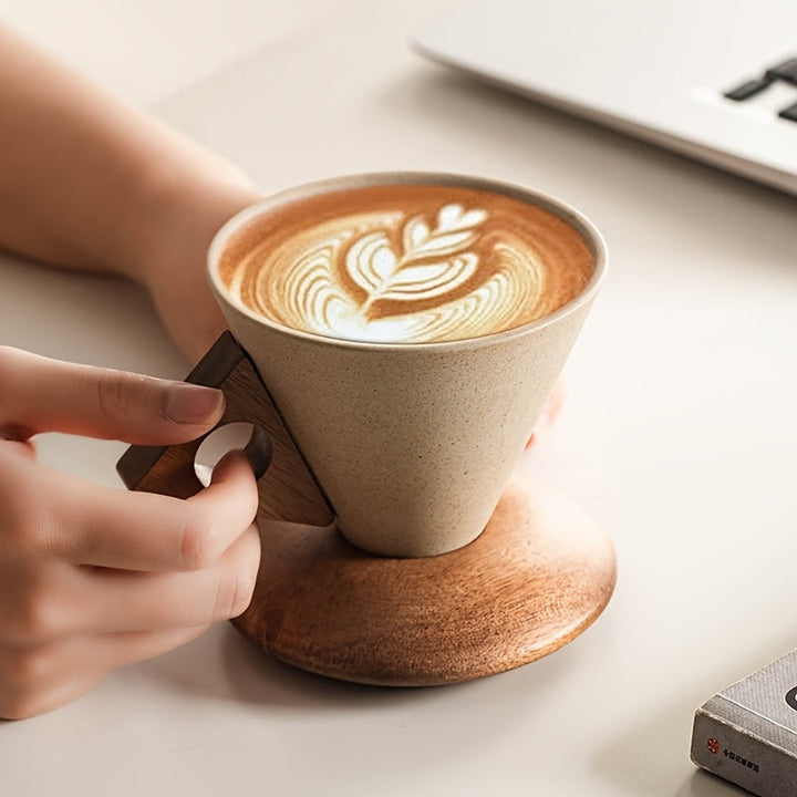 Lisslune | BaristaLuxe Ceramic Coffee Cup 250ml – Handmade with Wooden Handle and Coaster