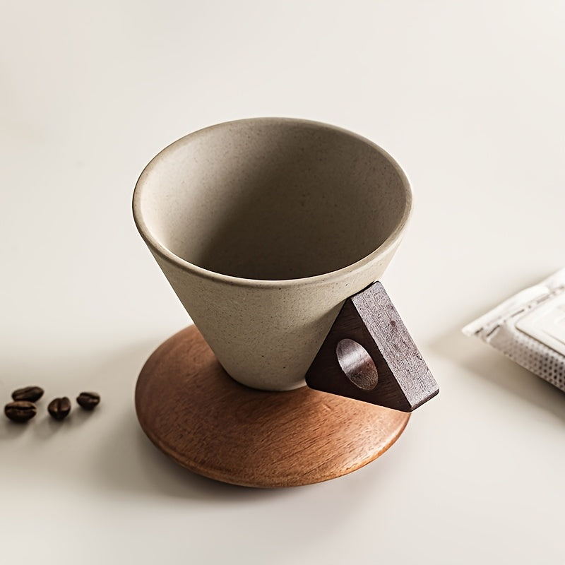 Lisslune | BaristaLuxe Ceramic Coffee Cup 250ml – Handmade with Wooden Handle and Coaster