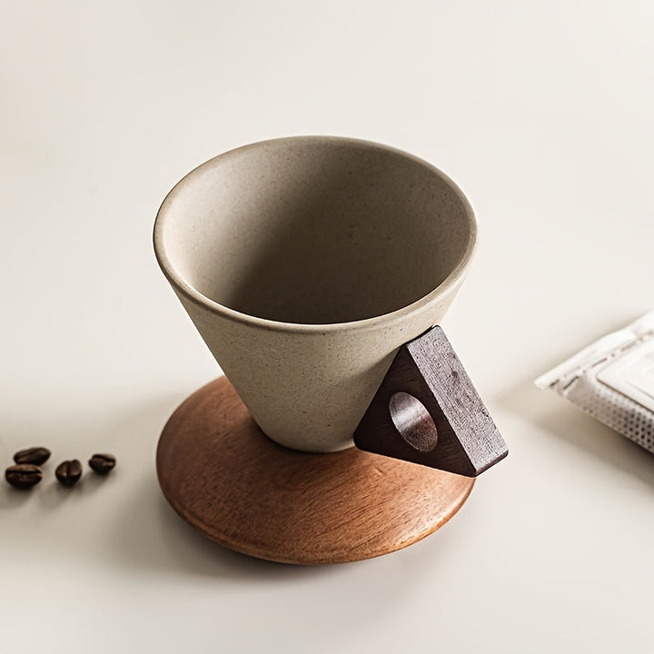 Lisslune | BaristaLuxe Ceramic Coffee Cup 250ml – Handmade with Wooden Handle and Coaster
