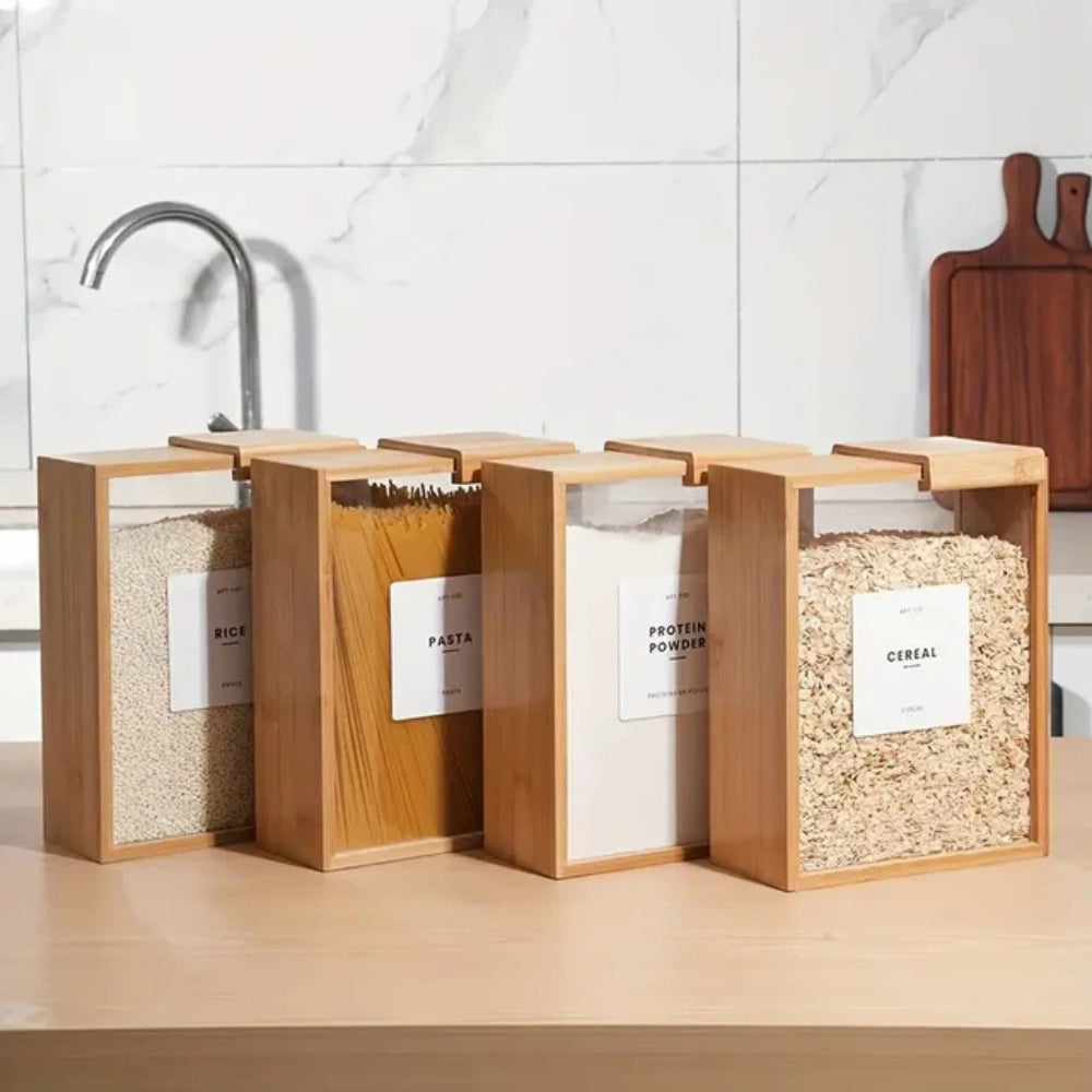 Lisslune | Sliding Bamboo Wood Pasta Grain Storage Container