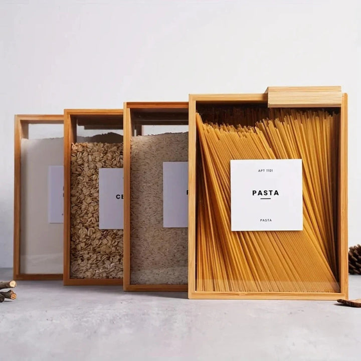Lisslune | Sliding Bamboo Wood Pasta Grain Storage Container