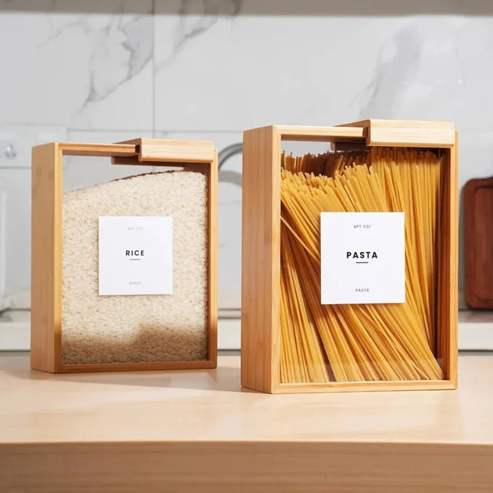 Lisslune | Sliding Bamboo Wood Pasta Grain Storage Container