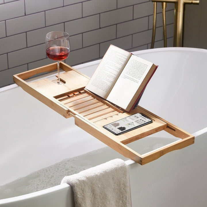 Lisslune | Aurevo Bamboo Bath Caddy | Extendable luxury bathtub tray with wine glass & book holder