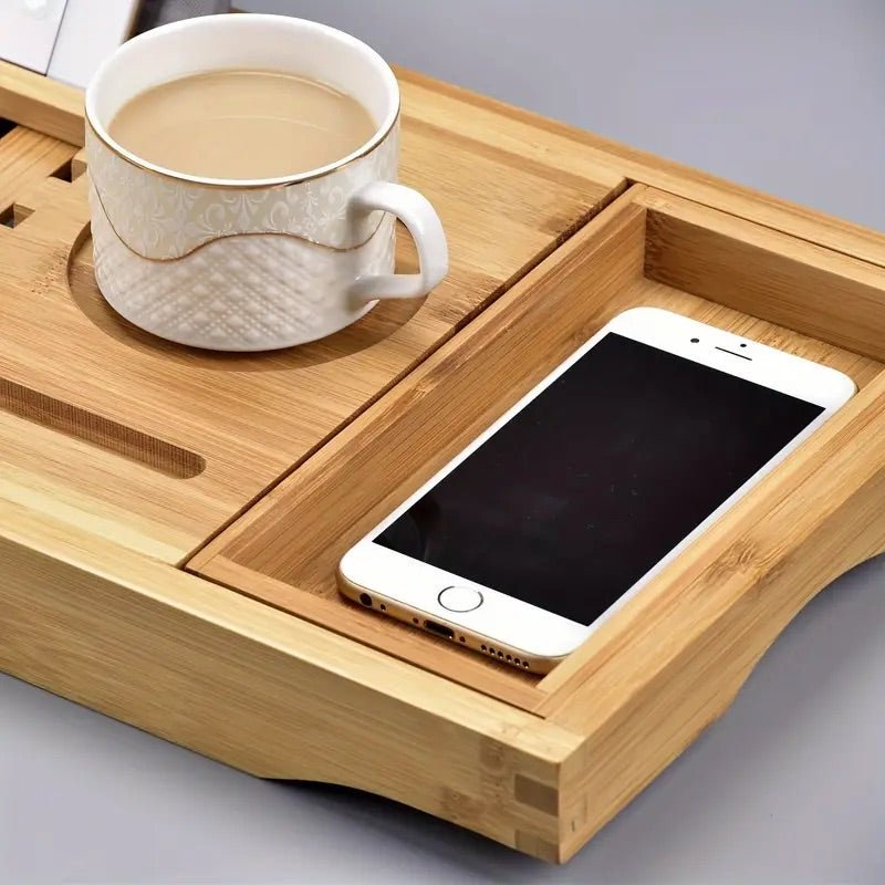 Lisslune | Aurevo Bamboo Bath Caddy | Extendable luxury bathtub tray with wine glass & book holder