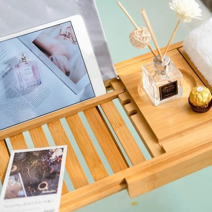 Lisslune | Aurevo Bamboo Bath Caddy | Extendable luxury bathtub tray with wine glass & book holder