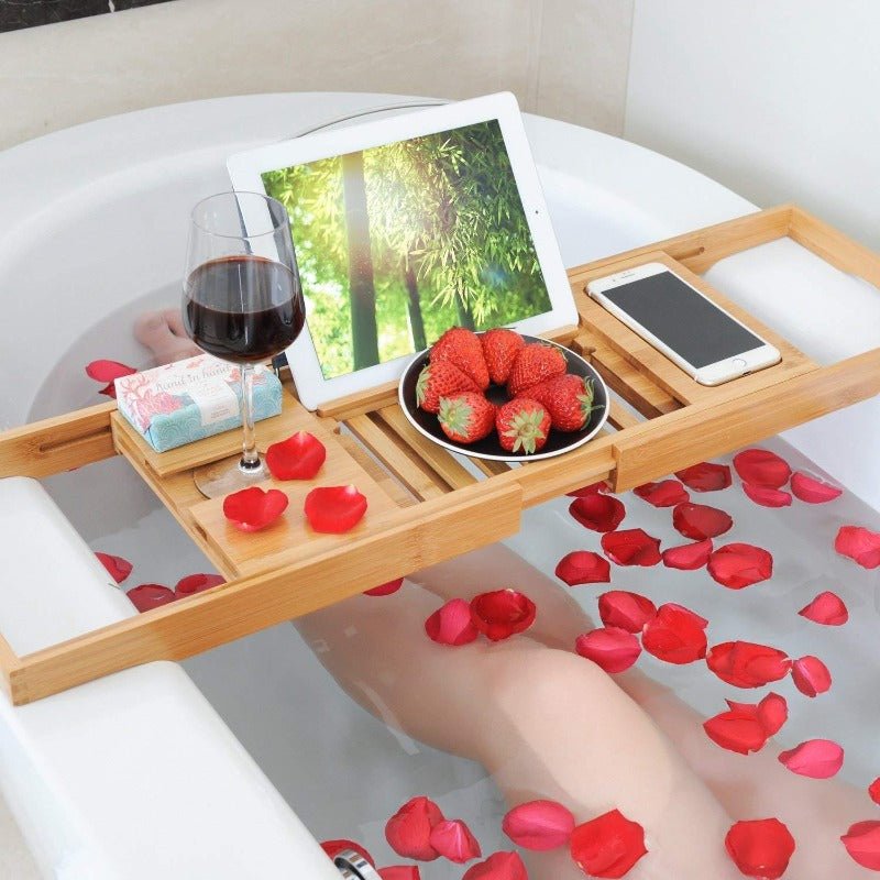 Lisslune | Aurevo Bamboo Bath Caddy | Extendable luxury bathtub tray with wine glass & book holder