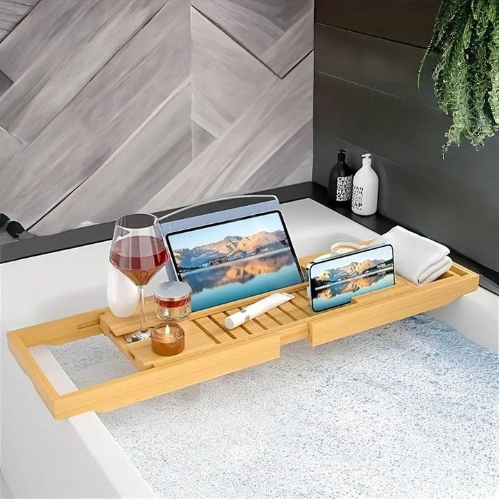 Lisslune | Aurevo Bamboo Bath Caddy | Extendable luxury bathtub tray with wine glass & book holder