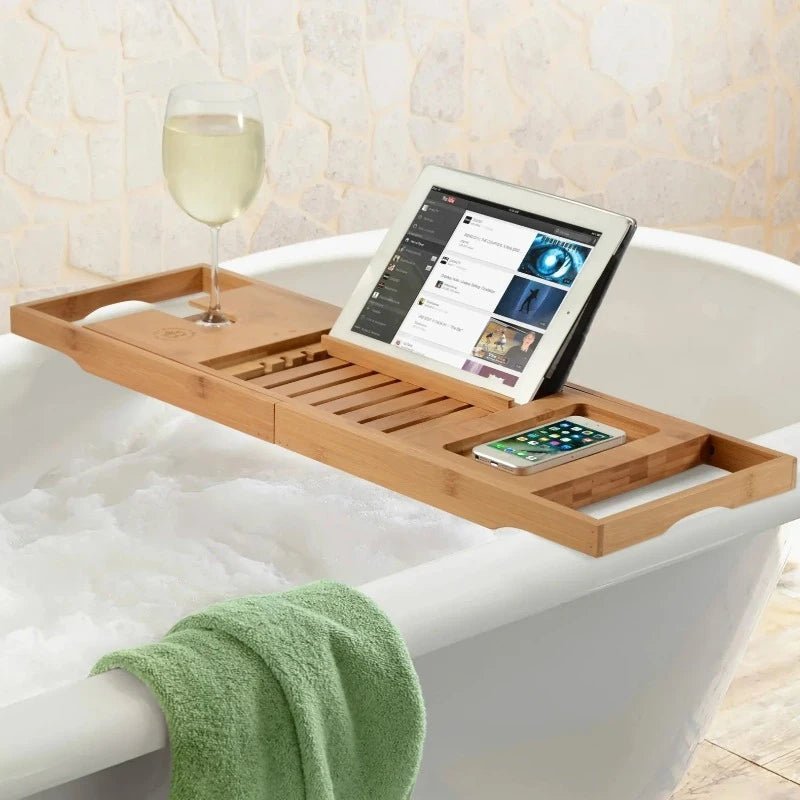 Lisslune | Aurevo Bamboo Bath Caddy | Extendable luxury bathtub tray with wine glass & book holder