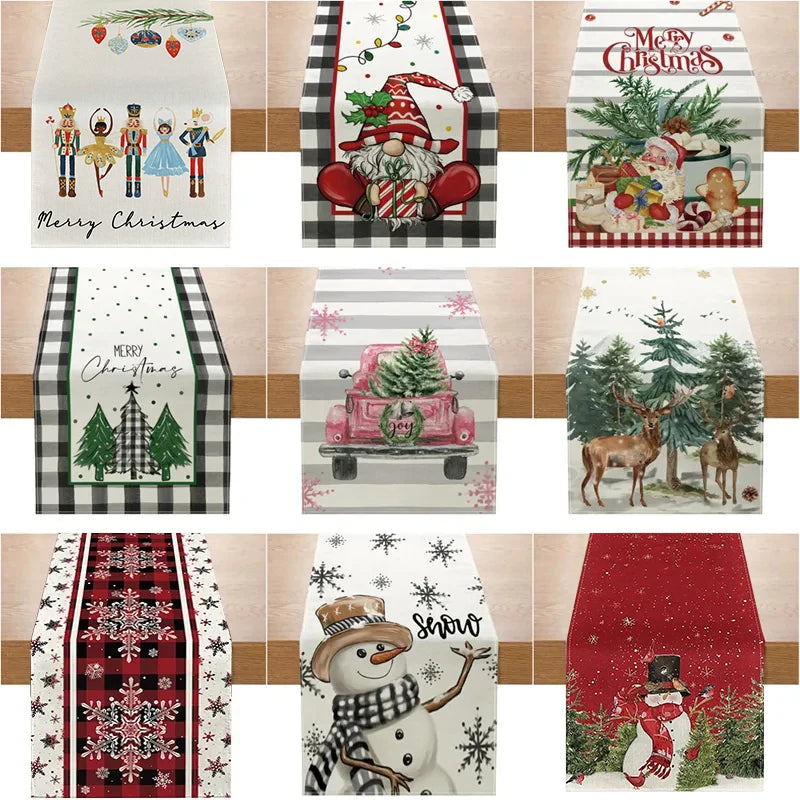 Lisslune | Linen Christmas Table Runner Snowman Christmas Tree Home Dining Table Cloth Tablecloth 2023 Christmas Noel Christmas Decorations 2024