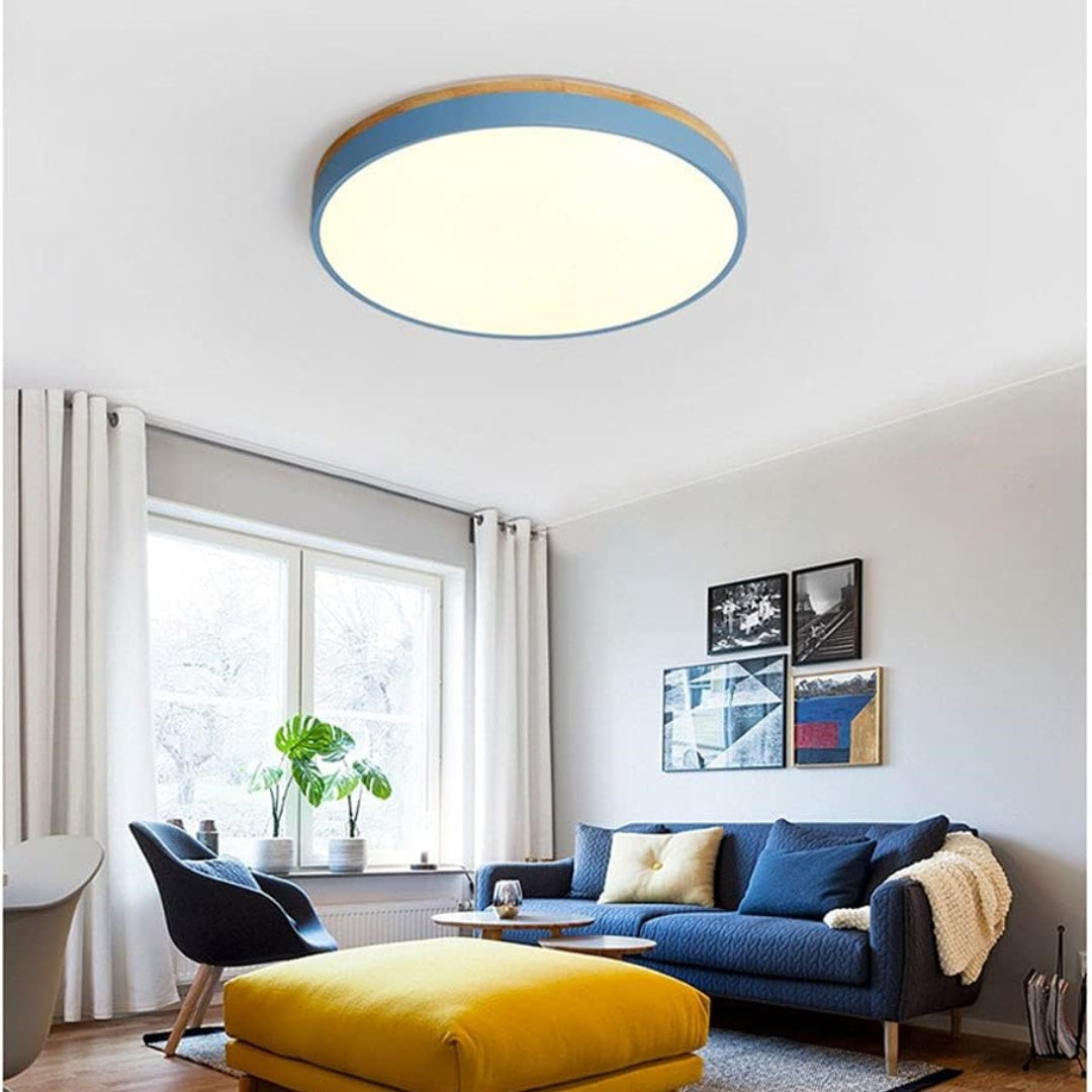 Lisslune | Wooden Round Shape Flush Ceiling Light | LED. Solid Wood & Iron for Living Room. Dining Room & Hallway