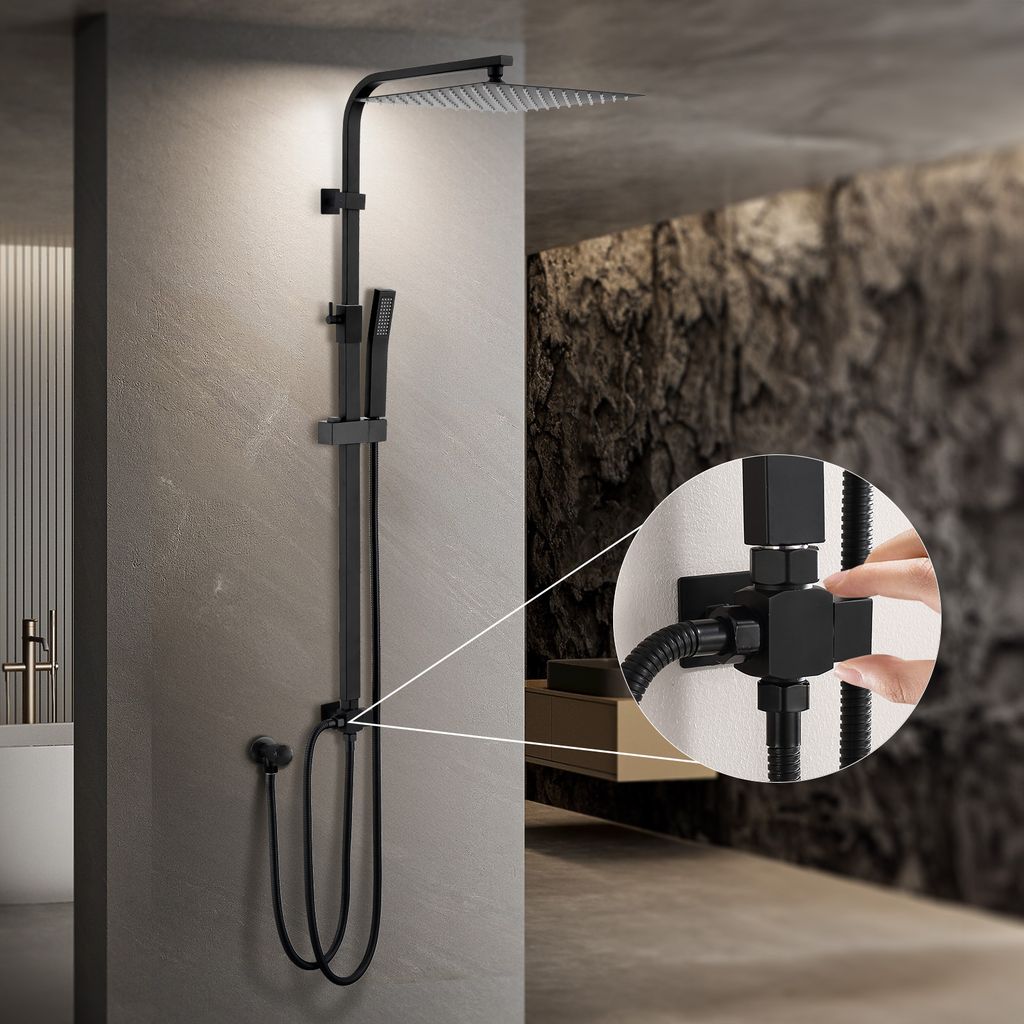 Lisslune | Rain shower without fitting Black shower system without thermostat Shower set Square Stainless steel head shower 30x30CM