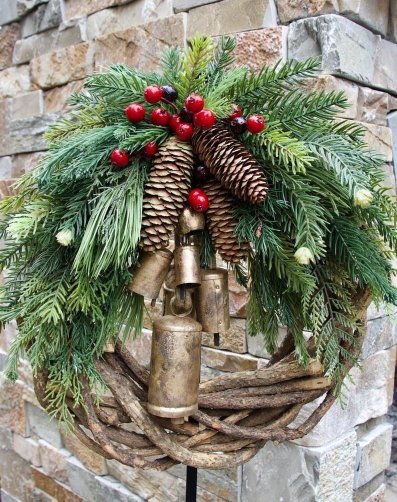 Lisslune | Winter Wishes Wreath – Handmade Bohemian Door Wreath with Bells and Pinecones