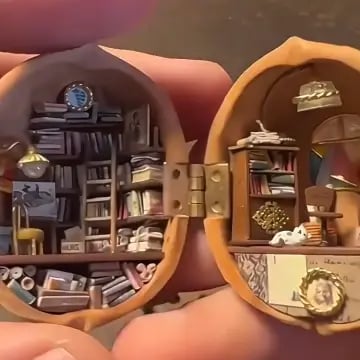 Lisslune | Handmade.Walnut Shell Doll House--Mini Library, Tiny World Inside Walnuts
