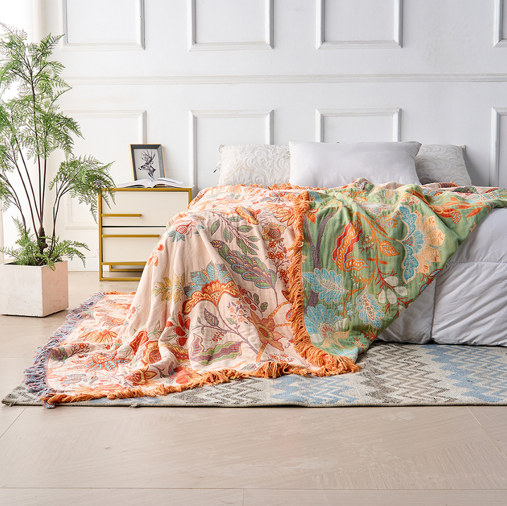Lisslune | Boho Floral Cotton Throw Blanket with Fringe – Cream & Orange