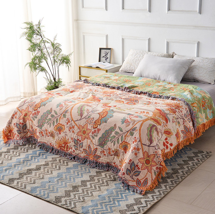 Lisslune | Boho Floral Cotton Throw Blanket with Fringe – Cream & Orange