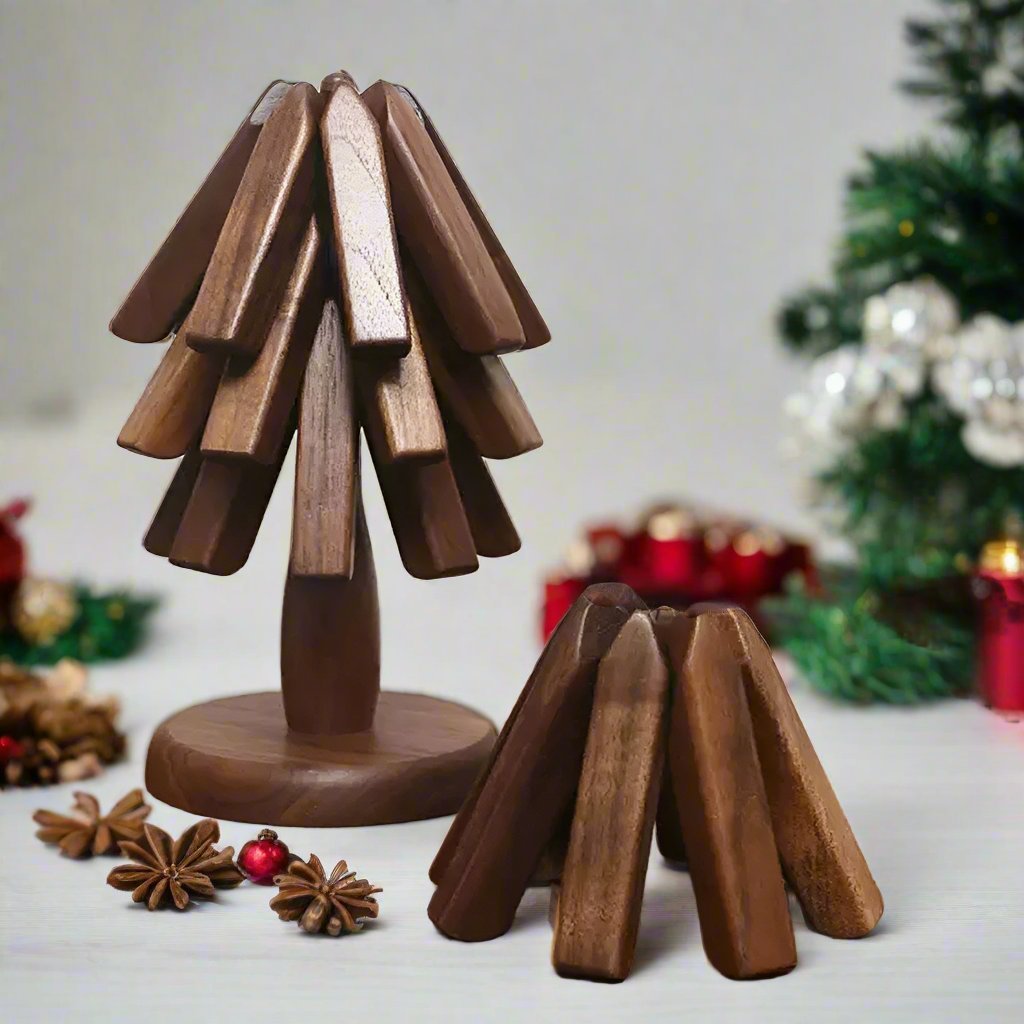 Lisslune | Black Walnut Foldable Christmas Tree Wooden Coasters – Creative Heat-Resistant Pot Mats & Kitchen Décor Accessories