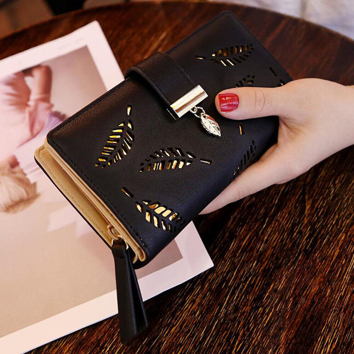 Lisslune | GoldenLeaf PU Leather Wallet with Leaf Charm Design