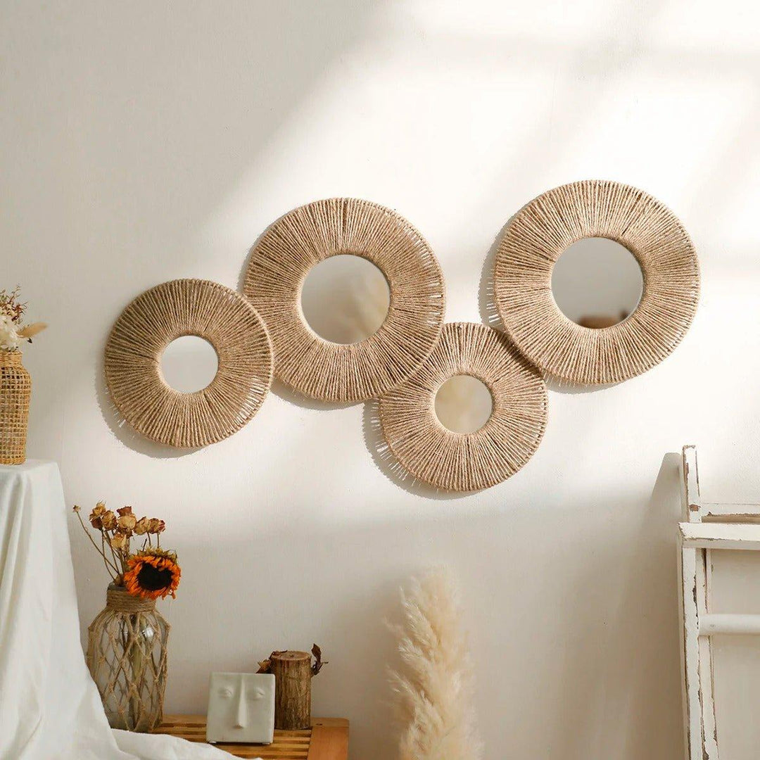 Lisslune | Round decorative wall mirror in boho style with woven hemp rope