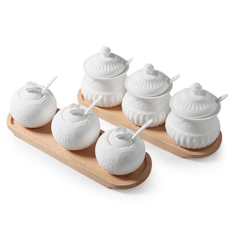 Lisslune | Elegant butterfly ceramic spice jar set with embossed designs, measuring spoons, and secure lids for stylish kitchen storage