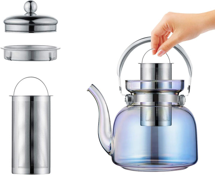 Lisslune | 50 Oz(1500Ml) Glass Teapot with Lid, Removable Stainless Steel Tea Strainer and Handle, Stovetop Safe Tea Maker for Blooming and Loose Leaf Tea (Iridescent)