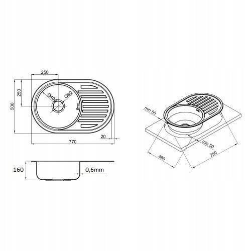 Lisslune | Stainless steel sink satin 77x50x16