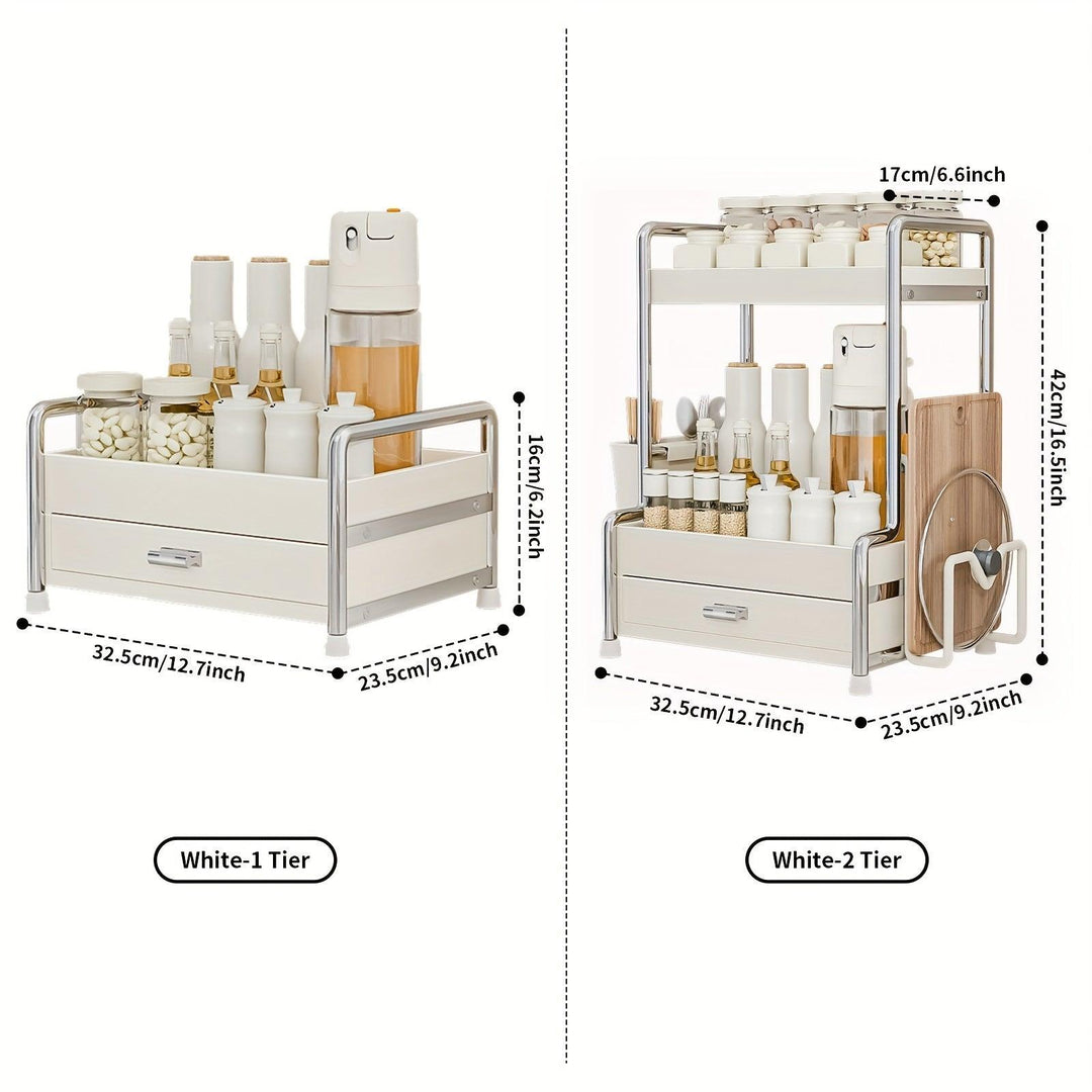 Lisslune | Elegant milk-white stainless steel spice organizer with drawers, cutting board, and utensil holder for residential and commercial kitchens