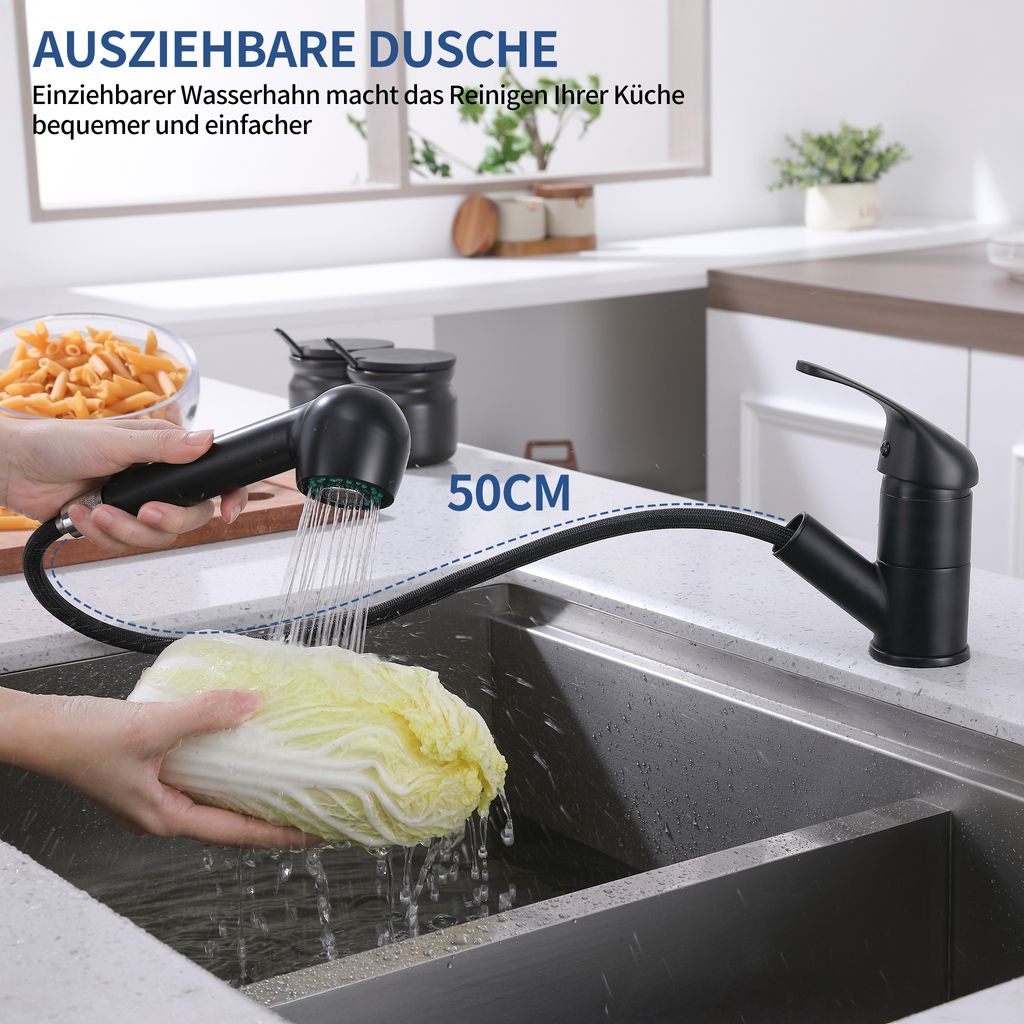 Lisslune | Black Faucet Kitchen, Kitchen Faucets with 2 Spray Types Faucet with Pull-Out Spray, Mixing Valve Kitchen for Dual Sink