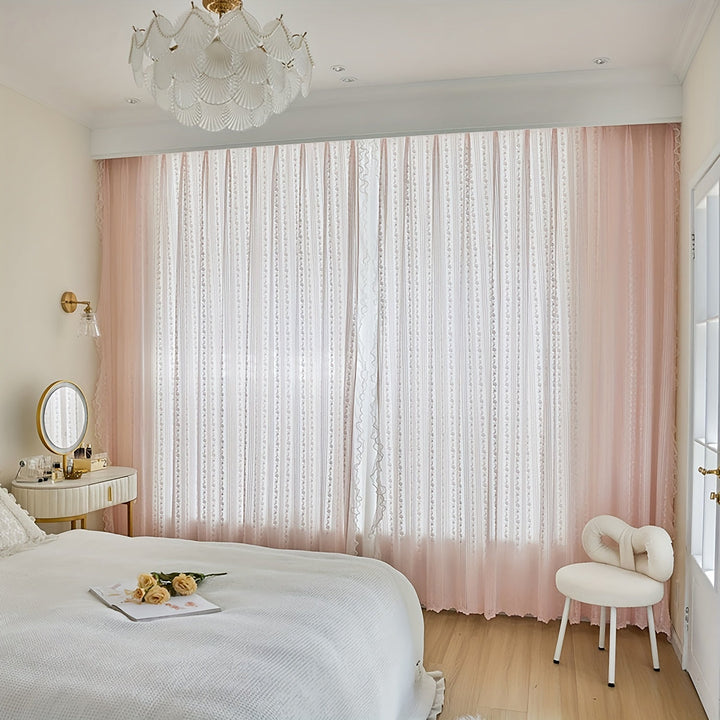 Rynx | 2pcs Pink Lace Ruffle Curtains] 2pcs Aifish Pink Lace Tulle Ruffle Curtains - Double Layer Beaded Voile with Curtain Rod Pocket, Romantic Window Decoration for Bedroom & Living Room, Polyester Fabric, Curtains for Bedroom