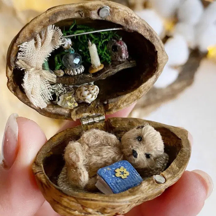 Lisslune | Handmade.Walnut Shell Doll House--Mini Library, Tiny World Inside Walnuts