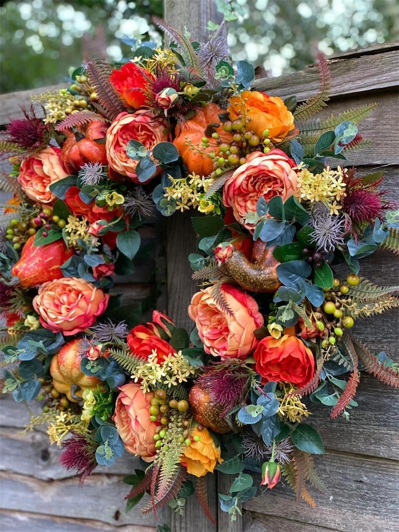 Lisslune | Fall Peony And Pumpkin Wreath - Year Round Wreath