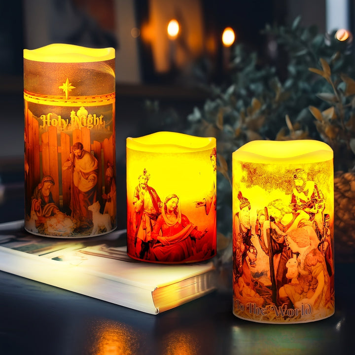 Lisslune | Flameless LED Christmas Candles – 3pcs Battery-Powered Holy Night Lights Candle with Timer Featuring Nativity Scene for Warm Holiday Home Ambience