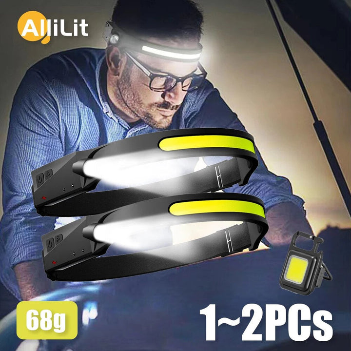 Lisslune | 1~2pcs Work Light Sensor COB LED Headlamp Camping Spotlight Outdoor Flashlight USB Rechargeable Headlamp Flashlight 5 Modes