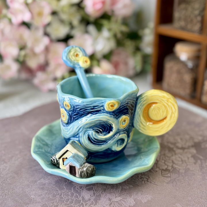 Lisslune | ArtSip Ceramic Cup & Saucer Set – Hand-painted 3D Design inspired by Van Gogh