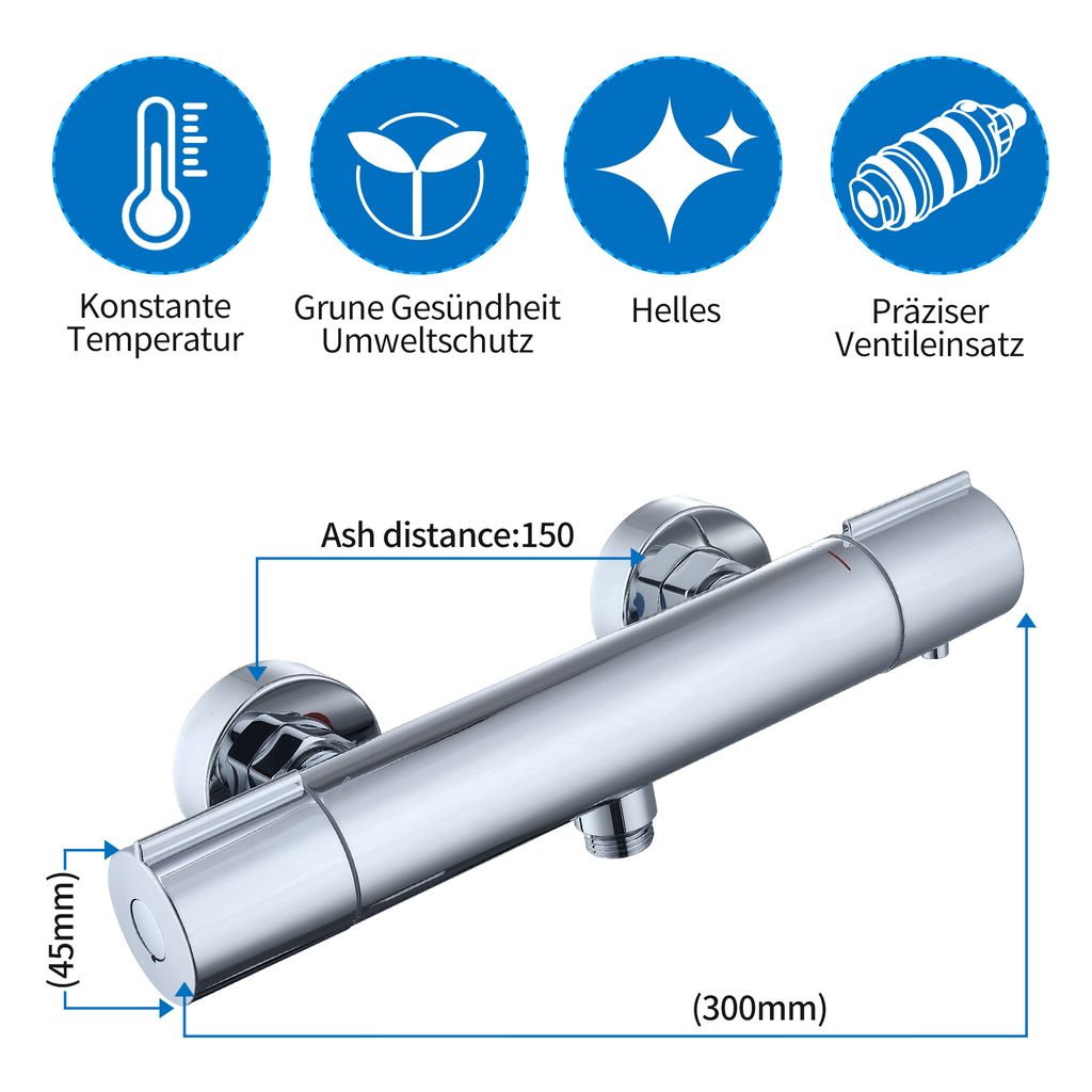 Lisslune | Shower faucet with thermostat Chrome mixer tap Shower with 38°C safety button Shower thermostat fitting Stainless steel shower fittings Shower thermostat