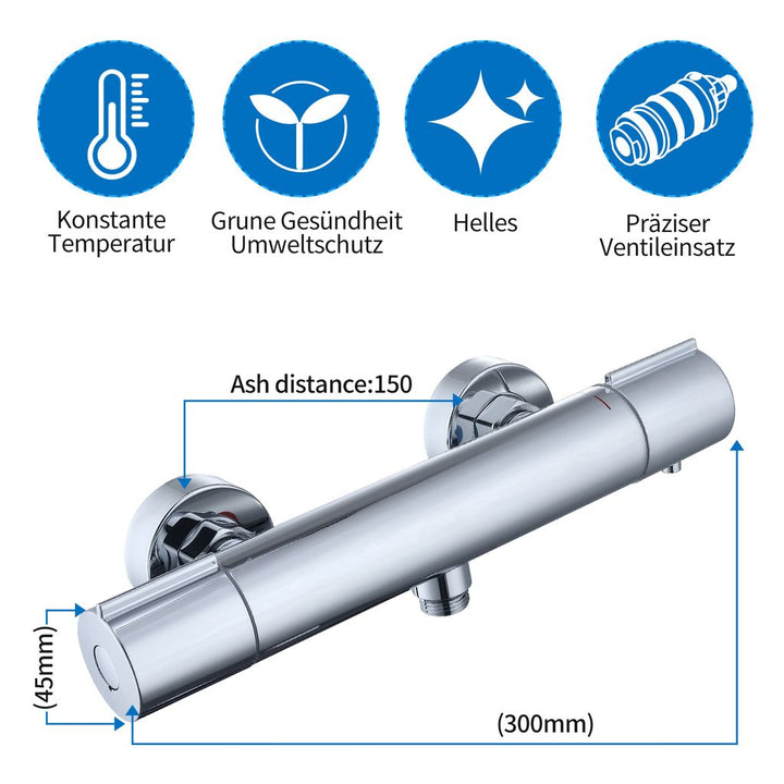 Lisslune | Shower faucet with thermostat Chrome mixer tap Shower with 38°C safety button Shower thermostat fitting Stainless steel shower fittings Shower thermostat