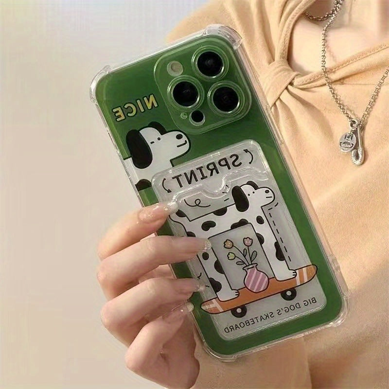 Lisslune | Stoßfester Kartenhalter Telefonhülle | Grünes Skateboard-Beflecktes Hundecartoon-Design mit Fotoschlitzen | Kompatibel mit iPhone 16, 16 Pro, 16 Pro Max, 15 Pro, 15 Pro Max, 14, 14 Pro Max, 13, 12, 11, XS Max, XR, 7, 8, SE, 12,
