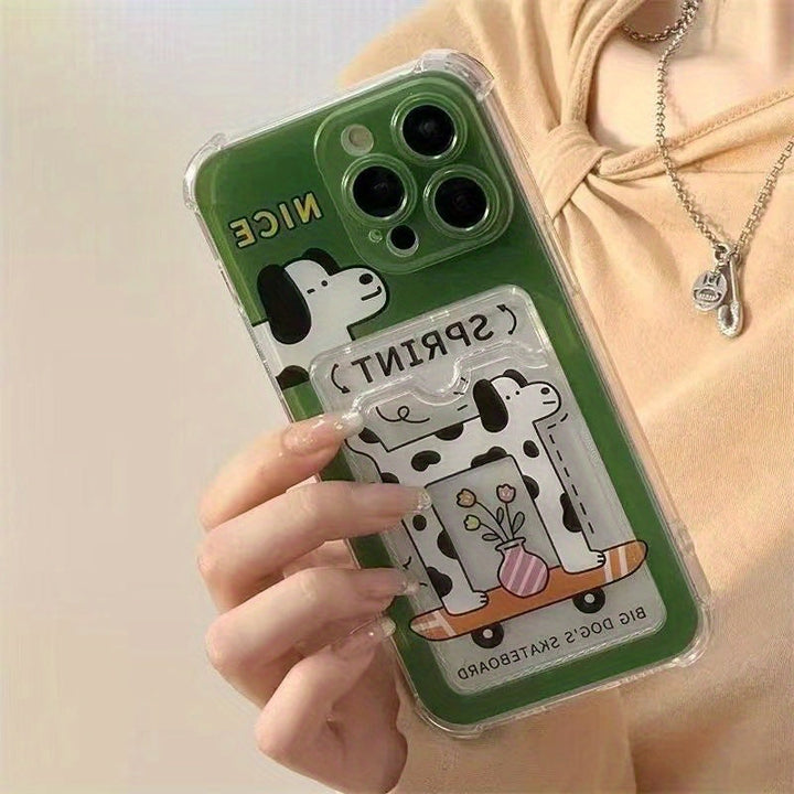 Lisslune | Stoßfester Kartenhalter Telefonhülle | Grünes Skateboard-Beflecktes Hundecartoon-Design mit Fotoschlitzen | Kompatibel mit iPhone 16, 16 Pro, 16 Pro Max, 15 Pro, 15 Pro Max, 14, 14 Pro Max, 13, 12, 11, XS Max, XR, 7, 8, SE, 12,